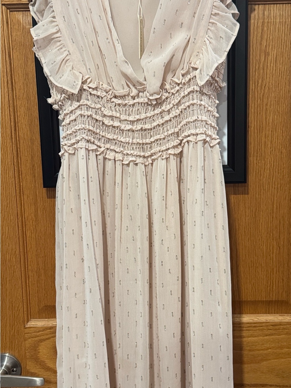 Max Studio. Soft Ruffled Smocked Maxi Dress in Light Blush